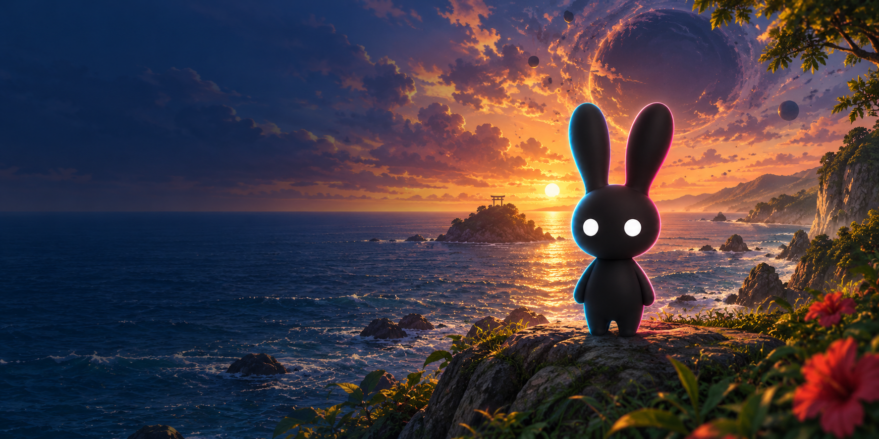 宮崎の海辺に立つ黒USAGI